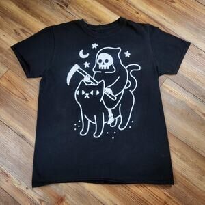 DEATH RIDES A BLACK CAT GRIM REAPER RIDING CAT BLACK MATTER SHIRT GOTH EMO PUNK